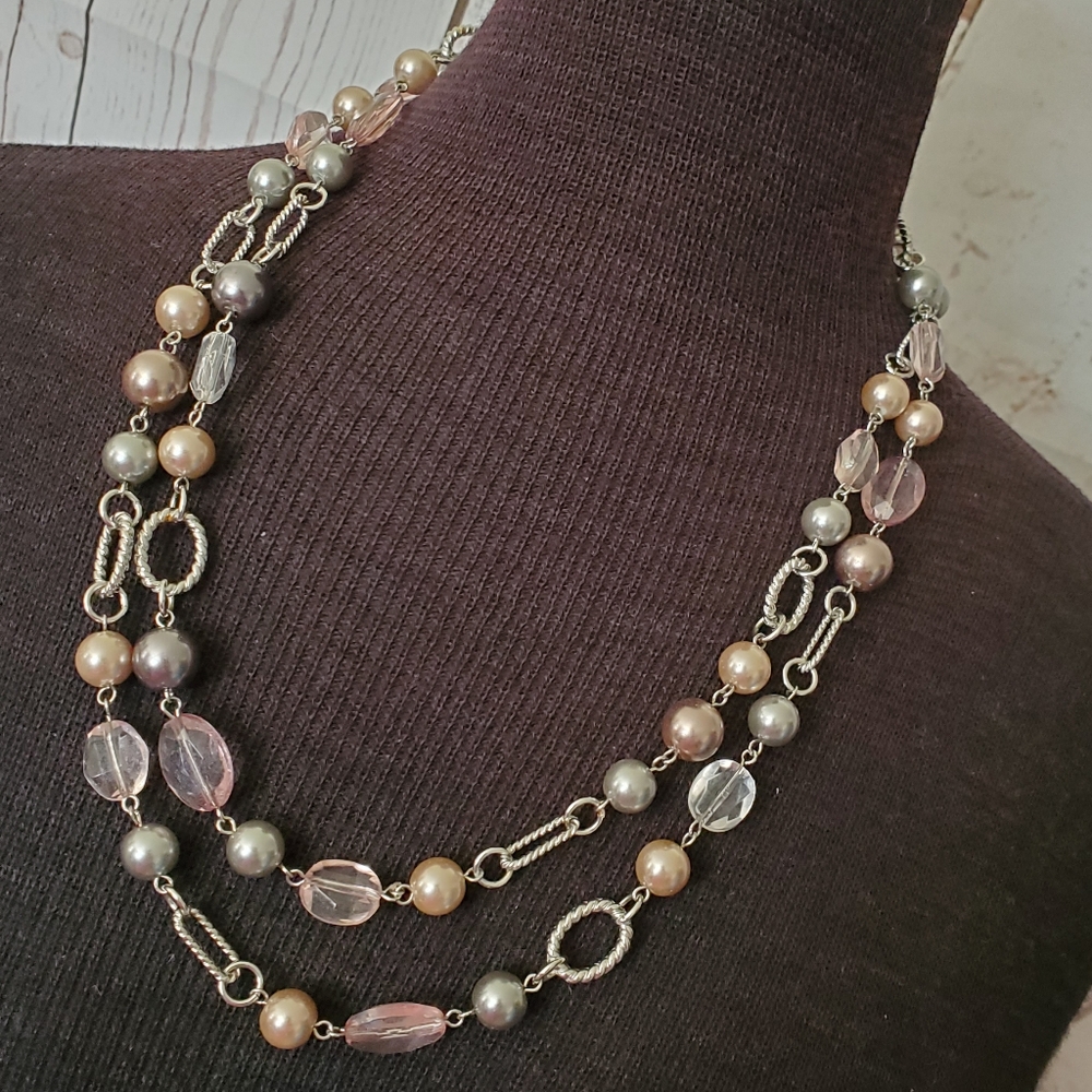 Premier Designs silvertone faux pearl and bead necklace pink and gray